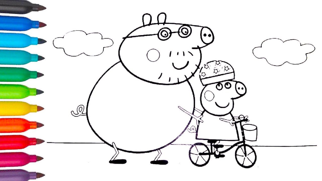 Bike Peppa Coloring Pages Papa Pig Uchit Svinku Pepu Ezdit Youtube Wonderin...