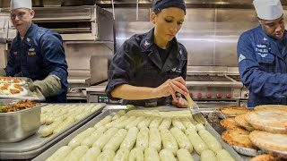 Inside the Kitchen of a US Navy Ship During Rush Time