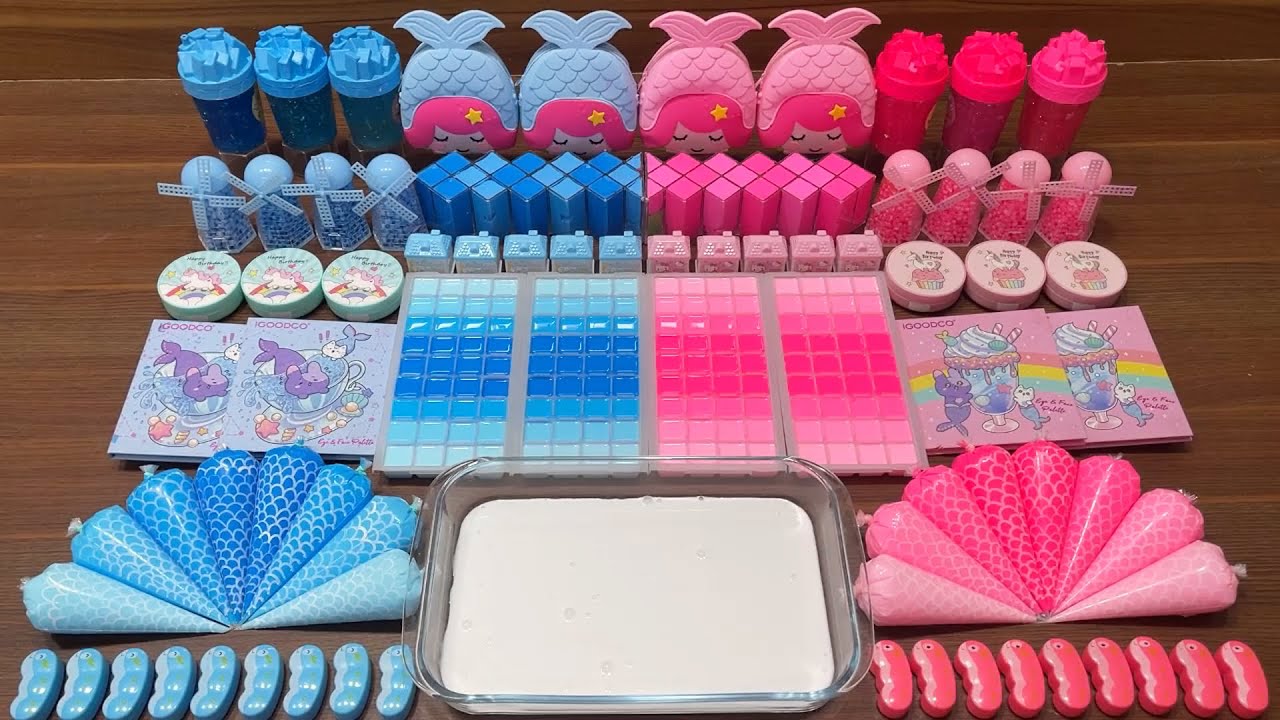 BLUE vs PINK MERMAID I Mixing random into Glossy Slime I Relax with videos✨