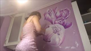 Peonies oil painting on the wall. Wallpainting  brendmira
