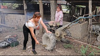 The girl mechanic helps the villagers clean the rust and repaint the banana slicer