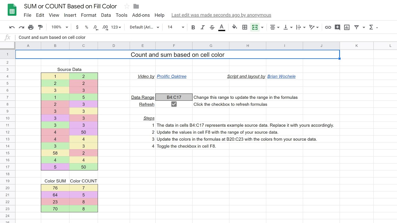 Google Sheets Sum Or Count Values Based On Cell Color Improved Youtube