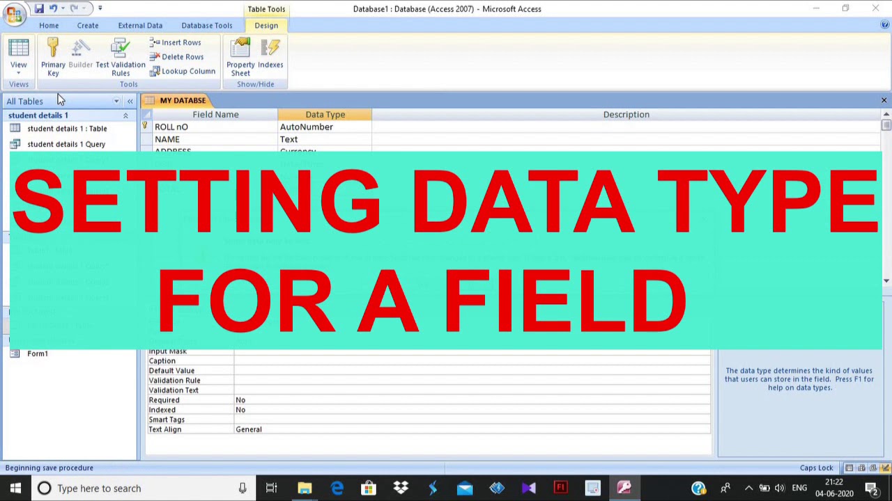Setting Data type for a field in MS Access - YouTube