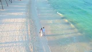 Newly Married Couple Walks Tropical Beach After Wedding Aerial Drone Hd