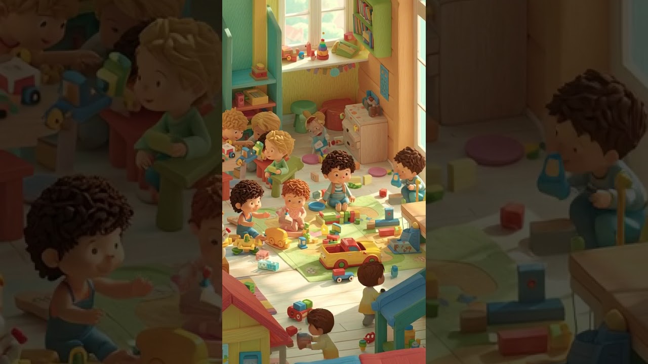 A joyful children’s playtime scene inside a house. 
