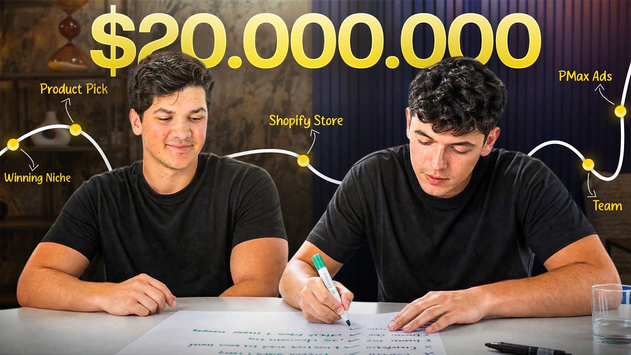 Thumbnail met 20M E-COM PLAYBOOK op een blauwdruk-achtergrond, de twee founders schrijven rustig aan tafel