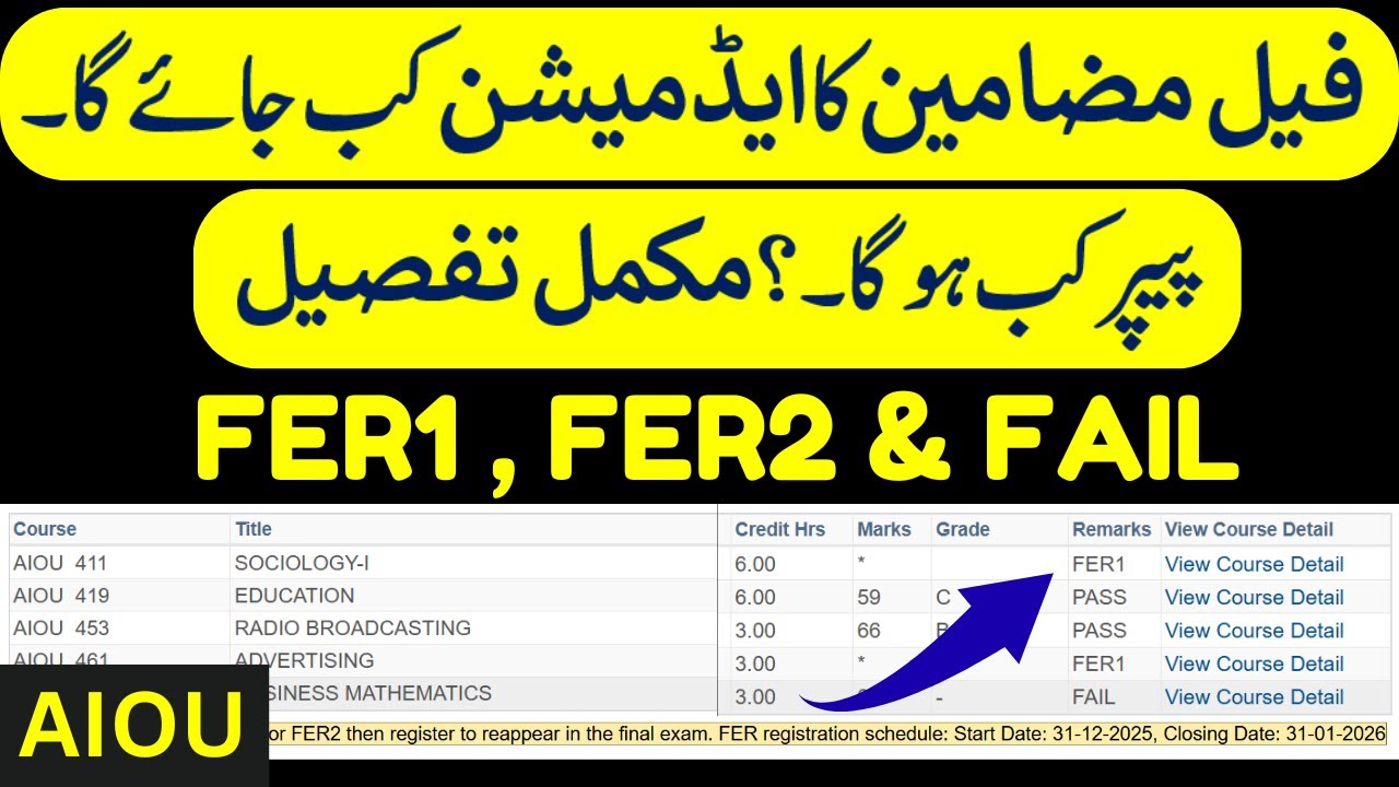 AIOU Fail subject admission Process | FER1, FER2 & FAIL Subject Admission Guide | Fail Subject Fee
