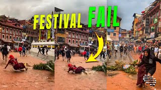 Guy Slips Running Along With a Dummy During the Ghantakarna Festival