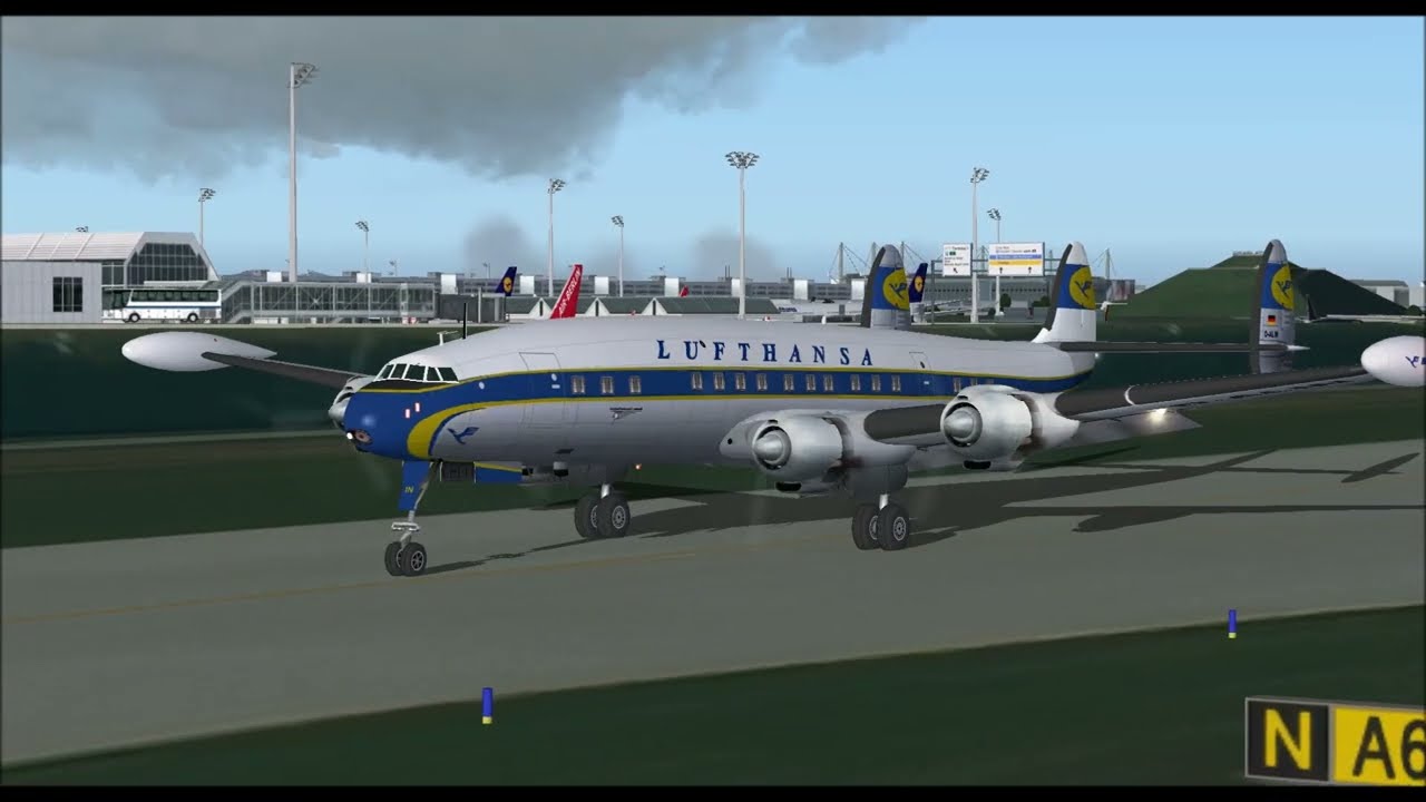 LOCKHEED L 1049G SUPER CONSTELLATION LUFTHANSA 1960 TAKE OFF FROM MUNICH INTL AIRPORT FS9 HD