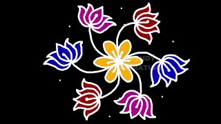 Creative and colorful lotus rangoli with 7*4dots | Easy muggulu | Lotus kolam | Muggulu | Dot kolam