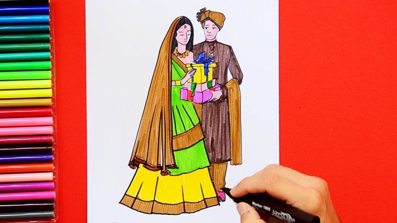 How to draw an Indian Wedding - Dulha Dulhan - YouTube