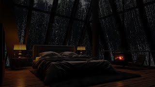 Dark Night Ambience - Fireplace Cracklings 🔥 Cozy Bedroom & Heavy Rainfall outside for Sleep