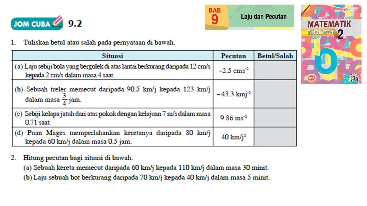 Kssm Matematik Tingkatan 2 Bab 9 Laju Dan Pecutan Jom Cuba 9 2 No1 No2 Buku Teks Form2 Youtube