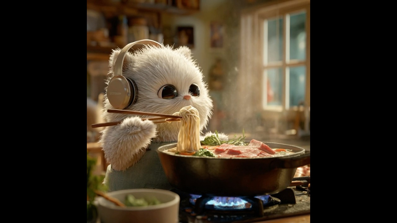 Chef cat cooks ramen 🍜🔥