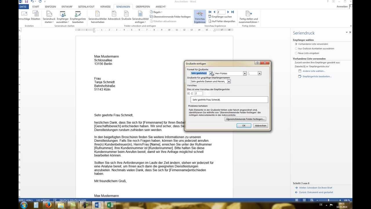 Word 2010 2013 Serienbrief Erstellen Mit Excel Datenquelle Tutorial Youtube