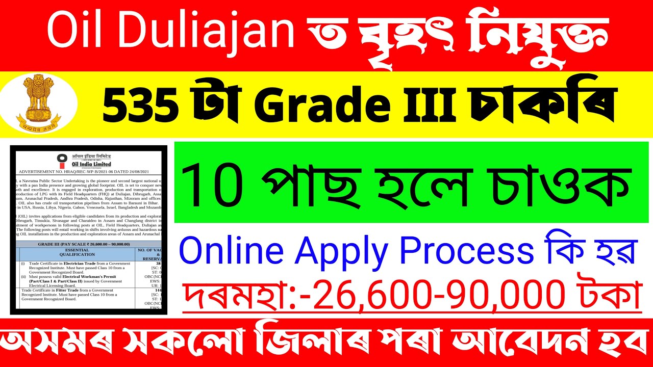 Oil India Limited Duliajan Recruitment 2021- 535 Post Apply Online ! Jobs Duliajan !! 10th Pass Job
