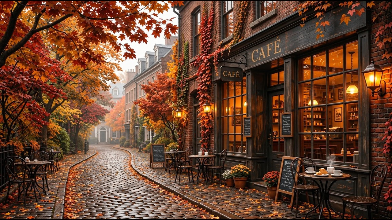 Golden Leaves Drift Past a New England Bakery Café 🍂 Autumn Morning Jazz for Coffee & Calmer Days ☕