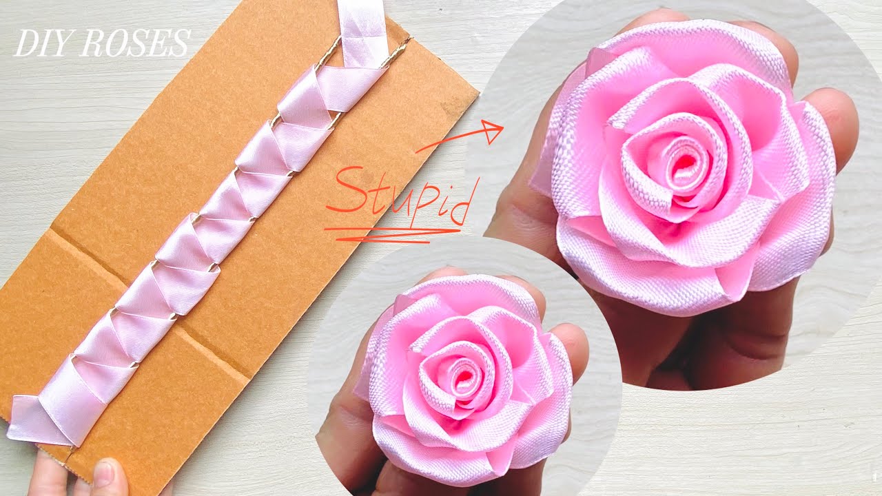 Amazing ribbon flower trick / easy rose making with Cardboard / ribbon ...