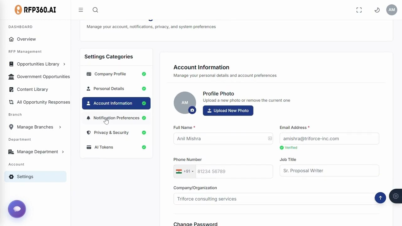 RFP360.ai Account Settings & Profile Setup | Customizing Your Professional Workspace