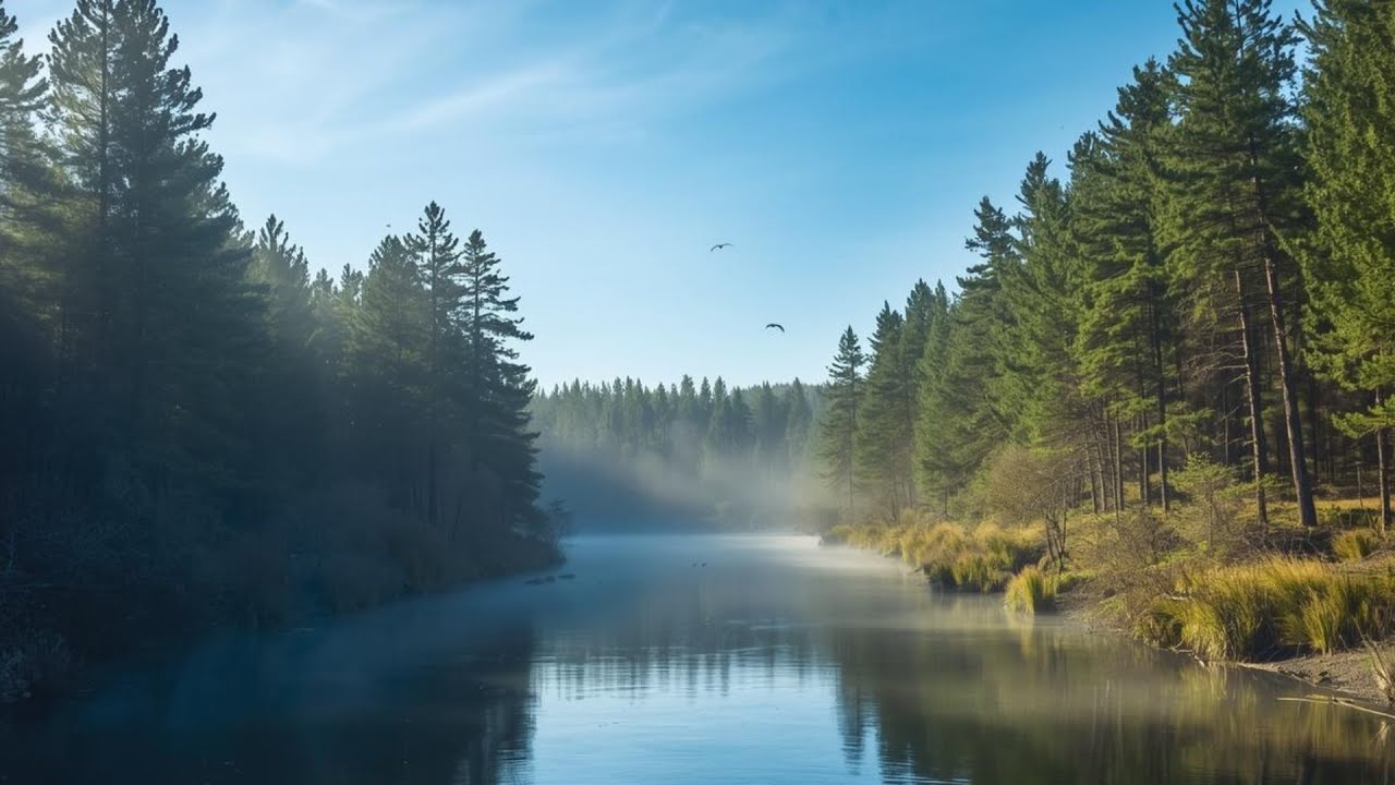 River flowing between tall pine trees