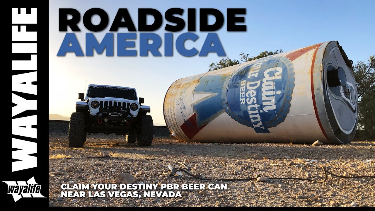 Jeep JL Wrangler Roadside America - Big Pabst Blue Ribbon Beer Can in the Desert near Las Vegas