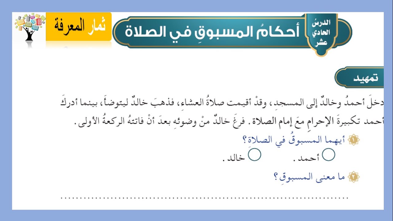 أحكام المسبوق في الصلاة فقه للصف الخامس الابتدائي ف2