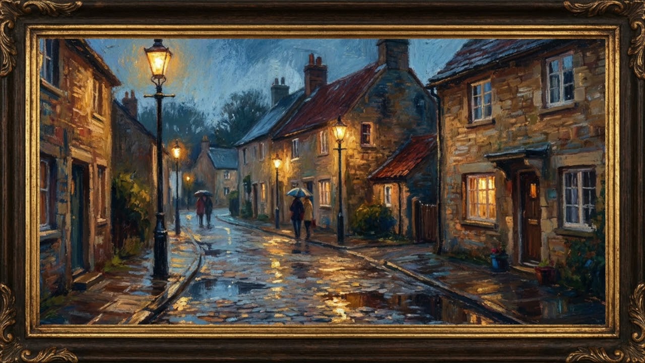 Cozy Rainy Village Evening | Romantic European Street 4K Frame TV Art
