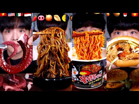 ASMR MUKBANG FIRE NOODLES SEAFOOD CHICKEN BURGER NO BGM 