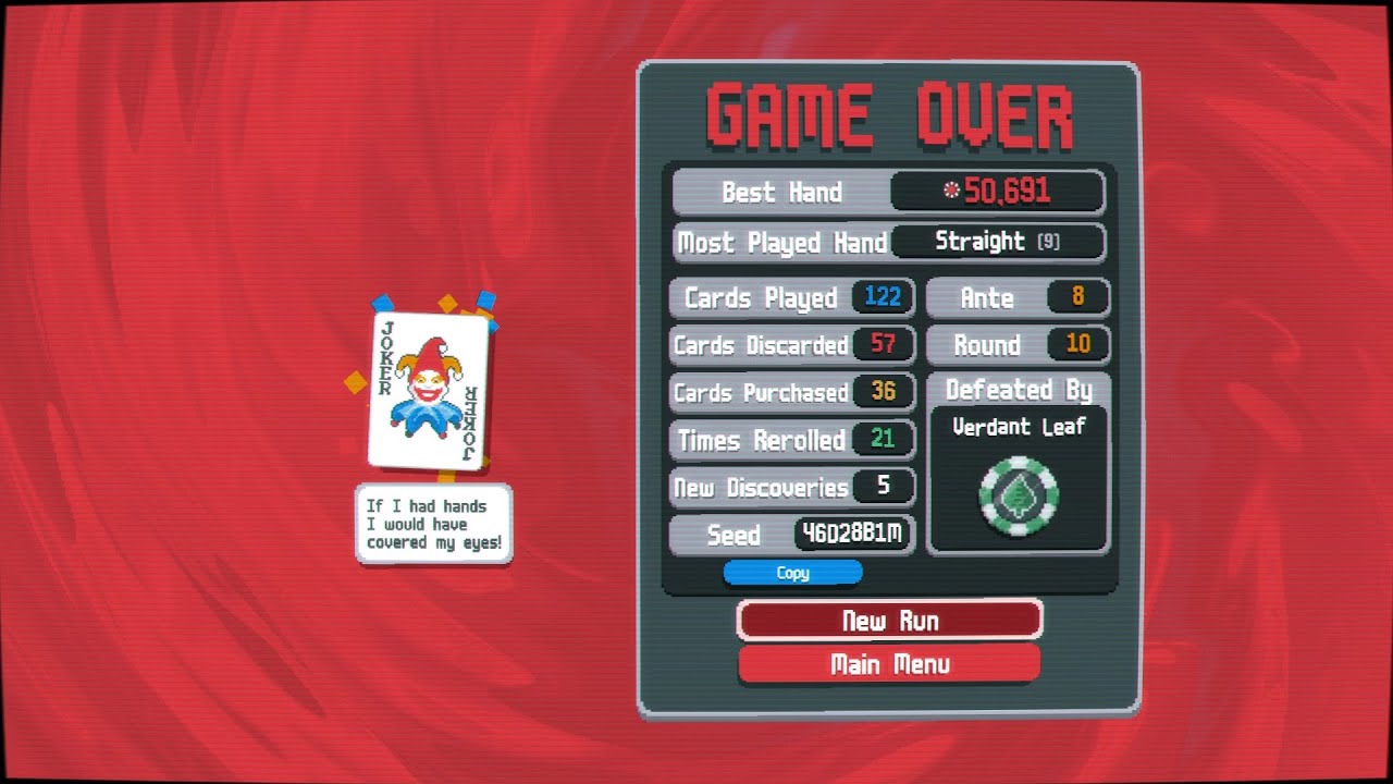 Balatro: Hand 032 - Yellow Deck. White Stake. Losing Hand.