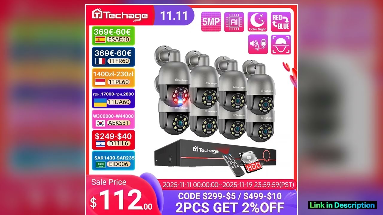 Techage H265 8CH 5MP 8MP POE Smart Security PTZ Camera System Ultra HD Outdoor CCTV System Full Col