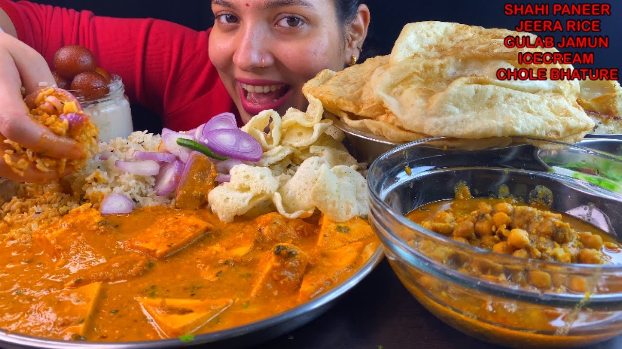 Eating Spicy🔥 Shahi Paneer, Jeera Rice, Chole Bhature, Gulab Jamun Ice Cream, Indian Food Mukbang