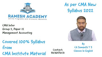 CMA Inter Group 2 | Paper 12 | Management Accounting class in English By CA Sumanth T S
