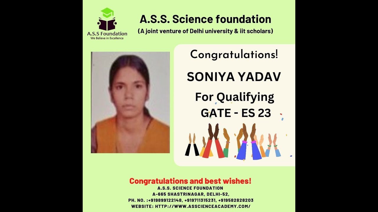 A.S.S SCIENCE FOUNDATION SUCCESS STORY GATE 2023 -SONIYA YADAV  (GATE -ES & NET JRF )