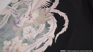 White Phoenixes Antique Kimono - Soft Kinsha Silk Yuzen Painted Flowers - Kurotomesode Made in Japan screenshot 5
