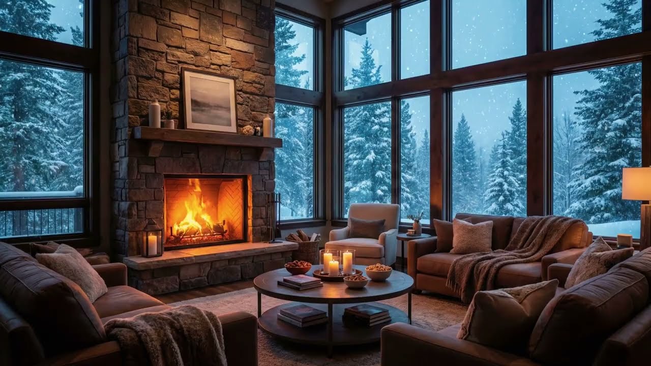 Cozy Cabin Fireplace Ambience By Night ❄️ Heavy Snowfall Outside, Crackling Fire for Deep Sleep