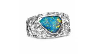 Men's Sterling Silver Ring with Triangle Australian Opal &amp; Nugget Style Band - 9100 | FlashOpal