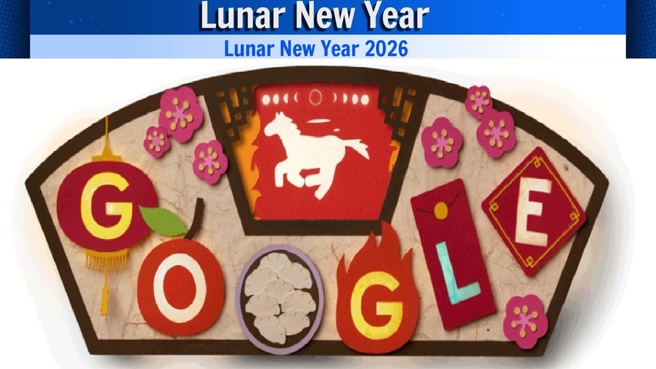 Lunar New Year :2026 Year of the Fire Horse, Google Doodle red lanterns, Tangerine, Dumplings