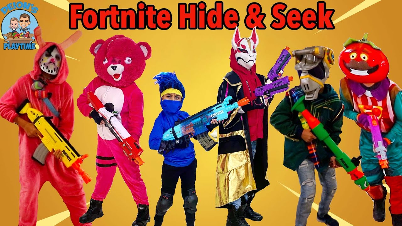 Pretend Play Fortnite Hide and Seek battle Royale game | Fortnite Skins | Deion's Playtime skits