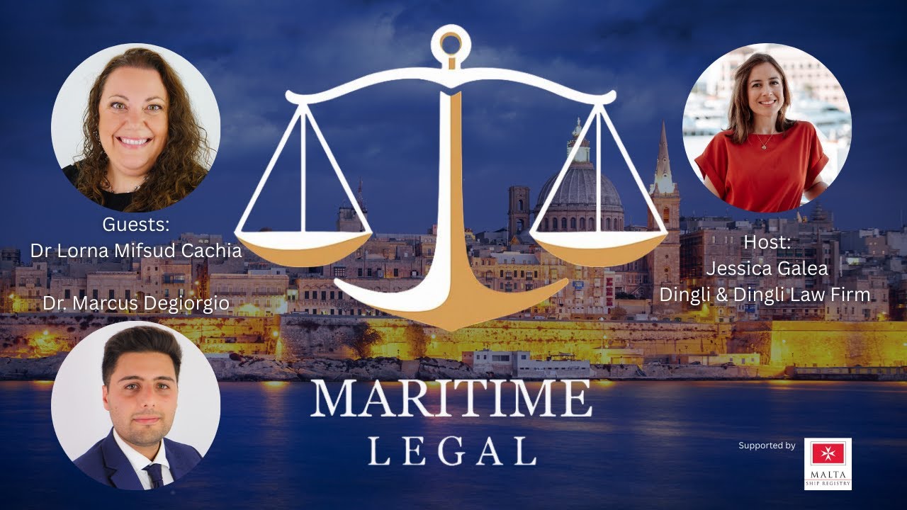 Maritime Legal episode artwork featuring Dr Lorna Mifsud Cachia and Dr Marcus Degiorgio of Dingli and Dingli Law Firm with host Jessica Galea, set against the Valletta skyline with scales of justice symbol, discussing crew contracts and flag state protection in yachting.