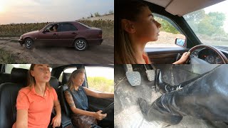 Two Ladies Have Fun With Old Mercedes, Revving And Trying To Peel Out