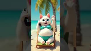 A whimsical beach scene featuring an anthropomorphic white cat lounging on a bea #viralvideo #cat