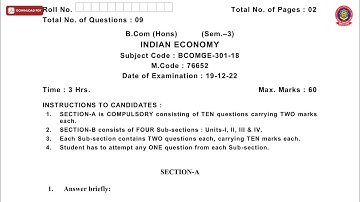 BCOM 3RD SEM HONS INDIAN ECONOMY DEC 2022 | PTU