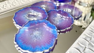 Purple, Blue \& Silver Resin Geode Coasters
