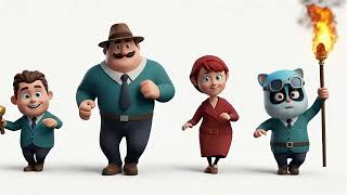 dance Cartoon Characters in Business Attire and a Cat Holding a Torch