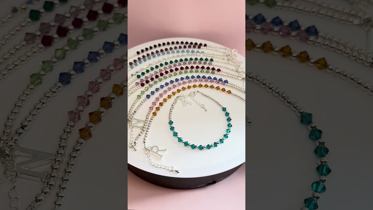 Birthstone Bracelets with Silver Beads and Crystals. Any one Letter Charm included (Ref-sibracs)