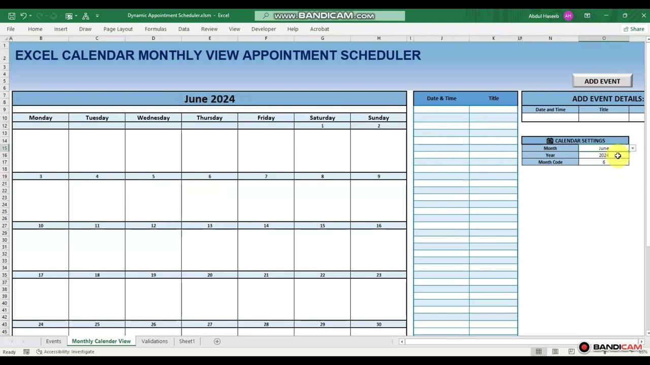 Dynamic Appointment Scheduler in Excel | Monthly Calendar View
