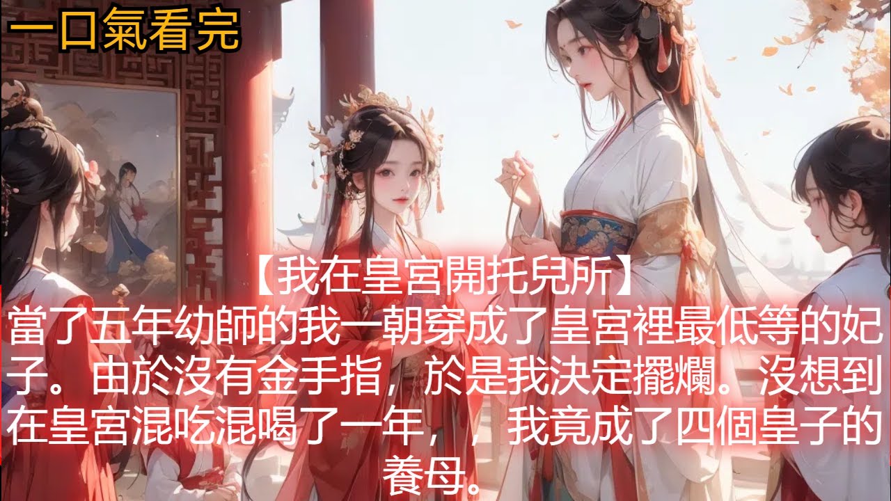 【我在皇宮開托兒所】當了五年幼師的我一朝穿成了皇宮裡最低等的妃子。由於沒有金手指，於是我決定擺爛。沒想到在皇宮混吃混喝了一年，，我竟成了四個皇子的養母。