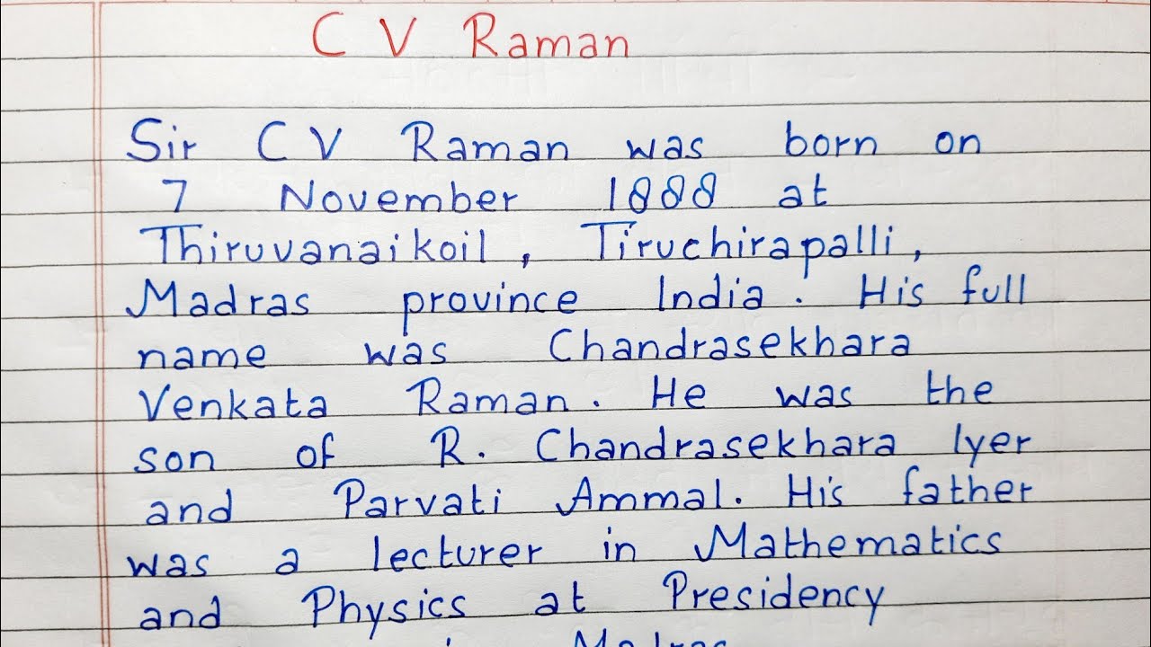 Write a short essay on C.V Raman | Essay Writing | English - YouTube