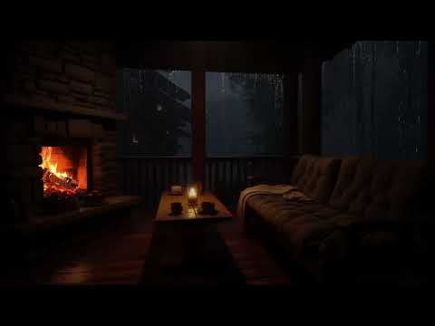 Cozy Cabin In Heavy Rain | Fireplace Sounds And Peaceful Lake Ambience