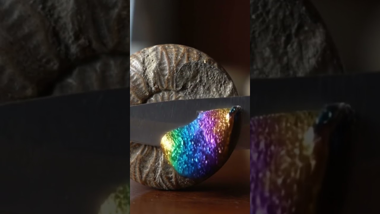 Cutting an Ammonite Fossil Model to Reveal Rainbow Glitter Slime 